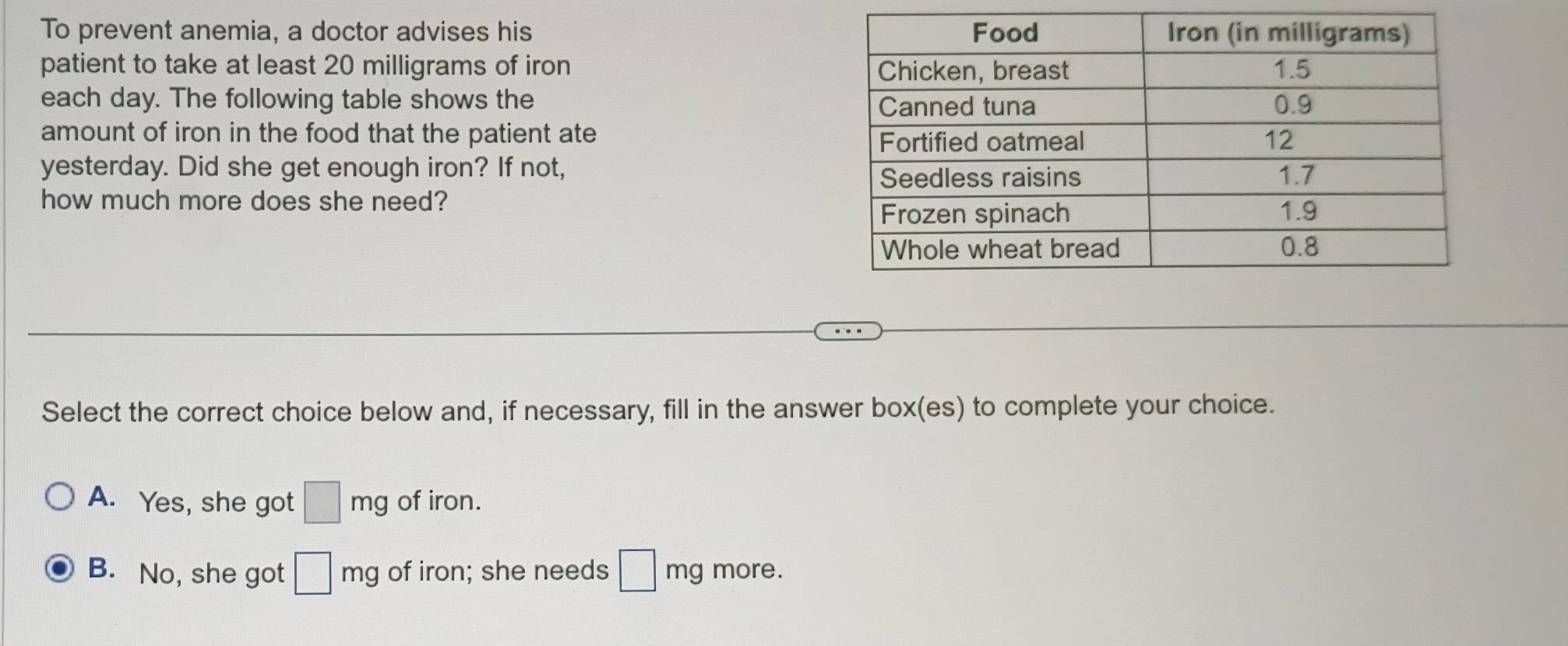 To prevent anemia, a doctor advises his 
patient to take at least 20 milligrams of iron 
each day. The following table shows the 
amount of iron in the food that the patient ate
yesterday. Did she get enough iron? If not,
how much more does she need?
Select the correct choice below and, if necessary, fill in the answer box(es) to complete your choice.
A. Yes, she got □ mg of iron.
B. No, she got □ mg of iron; she needs □ mg more.