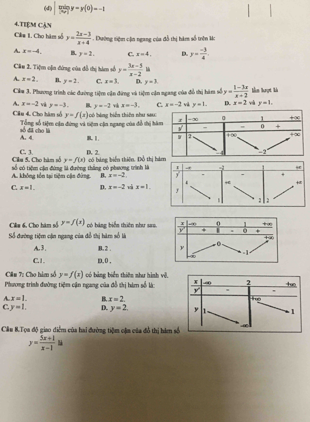 (d) |miny=y(0)=-1
4.TIệM CậN
Câu 1. Cho hàm số y= (2x-3)/x+4 . Đường tiệm cận ngang của đồ thị hàm số trên là:
A. x=-4. C. x=4. D. y= (-3)/4 .
B. y=2.
Câu 2. Tiệm cận đứng của đồ thị hàm số y= (3x-5)/x-2  là
A. x=2. B. y=2. C. x=3. D. y=3.
Câu 3. Phương trình các đường tiệm cận đứng và tiệm cận ngang của đồ thị hàm số y= (1-3x)/x+2  lần lượt là
A. x=-2 và y=-3. B. y=-2 và x=-3. C. x=-2 và y=1. D. x=2 và y=1.
Câu 4. Cho hàm số y=f(x) có bảng biến thiên như sau:
Tổng số tiệm cận đứng và tiệm cận ngang của đồ thị hà
số đã cho là
A. 4. B. 1.
C. 3. D. 2. 
Câu 5. Cho hàm số y=f(x) có bảng biến thiên. Đồ thị h
số có tiệm cận đứng là đường thằng có phương trình là
A. không tồn tại tiệm cận đứng. B. x=-2.
C. x=1. D. x=-2 và x=1.
Câu 6. Cho hàm số y=f(x) có bảng biến thiên như sau. x -∞ 0 1 +∞
overline y' + | - 0 +
Số đường tiệm cận ngang của đồ thị hàm số là
+∞
0
A. 3 . B.2 . y
-1
C.1. D. 0 .
∞
Câu 7: Cho hàm số y=f(x) có bảng biến thiên như hình vẽ.
Phương trình đường tiệm cận ngang của đồ thị hàm số là:
x --a(
2
+∞
y' -
A. x=1. B. x=2. tao
C. y=1. D. y=2.
y 1
1
Câu 8.Tọa độ giao điểm của hai đường tiệm cận của đồ thị hàm số
y= (5x+1)/x-1 la