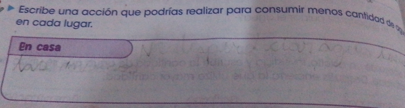 Escribe una acción que podrías realizar para consumir menos cantidad de a 
en cada lugar. 
En casa