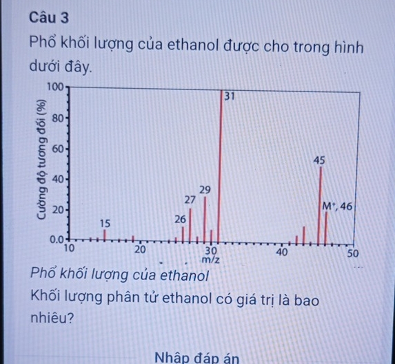 Phổ khối lượng của ethanol được cho trong hình
dưới đây.
Khối lượng phân tử ethanol có giá trị là bao
nhiêu?
Nhập đáp án