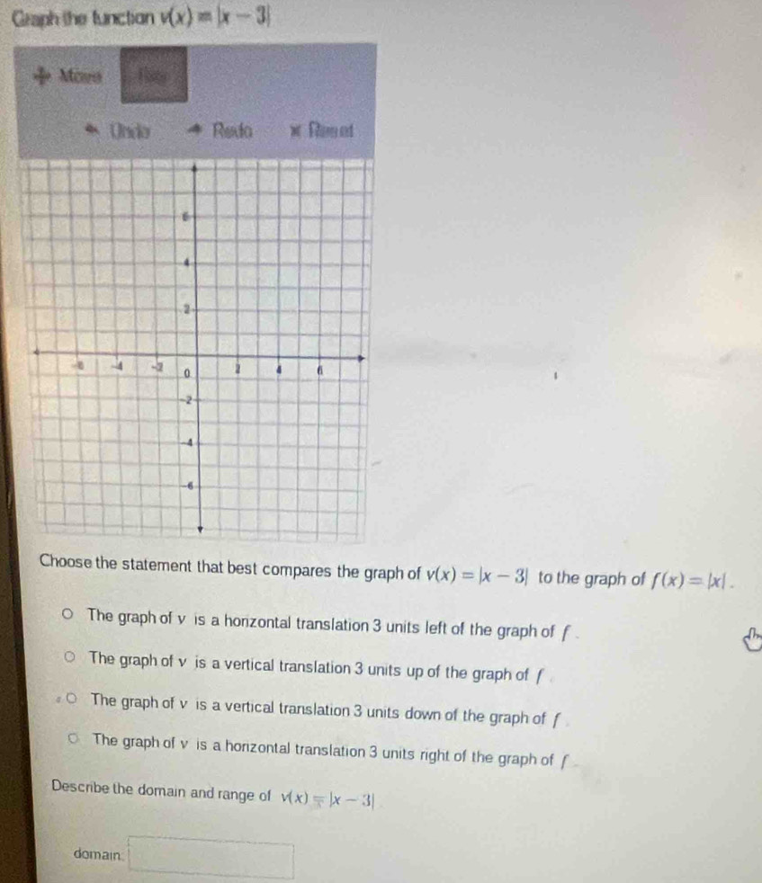 Graph the function v(x)=|x-3|
Movs
Undo Reda w Fem ad
Choose the statement that best compares the graph of v(x)=|x-3| to the graph of f(x)=|x|.
The graph of v is a honizontal translation 3 units left of the graph of f
The graph of v is a vertical translation 3 units up of the graph of f
The graph of v is a vertical translation 3 units down of the graph of f
The graph of v is a horizontal translation 3 units right of the graph of f
Describe the domain and range of v(x)=|x-3|
domain □