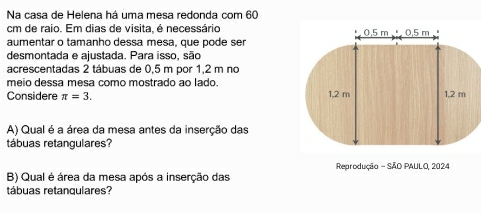 Na casa de Helena há uma mesa redonda com 60
cm de raio. Em dias de visita, é necessário 
aumentar o tamanho dessa mesa, que pode ser 
desmontada e ajustada. Para isso, são 
acrescentadas 2 tábuas de 0,5 m por 1,2 m no 
meio dessa mesa como mostrado ao lado. 
Considere π =3. 
A) Qual é a área da mesa antes da inserção das 
tábuas retangulares? 
B) Qual é área da mesa após a inserção das Reprodução - SÃO PAULO, 2024 
tábuas retanqulares?