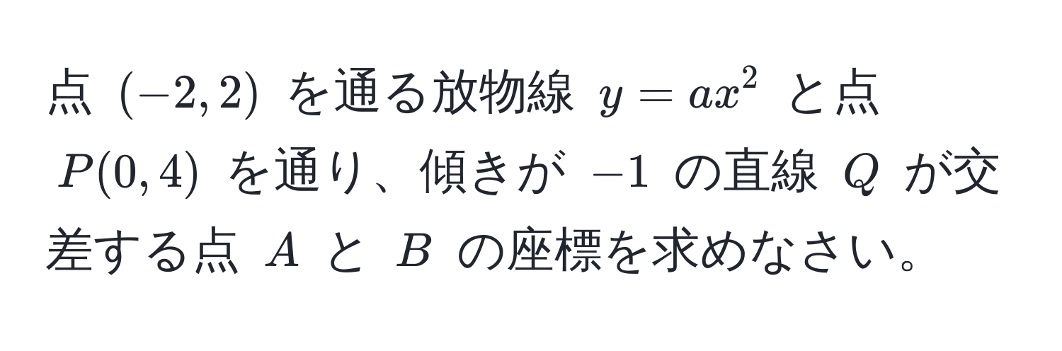 点 $(-2, 2)$ を通る放物線 $y = ax^2$ と点 $P(0, 4)$ を通り、傾きが $-1$ の直線 $Q$ が交差する点 $A$ と $B$ の座標を求めなさい。