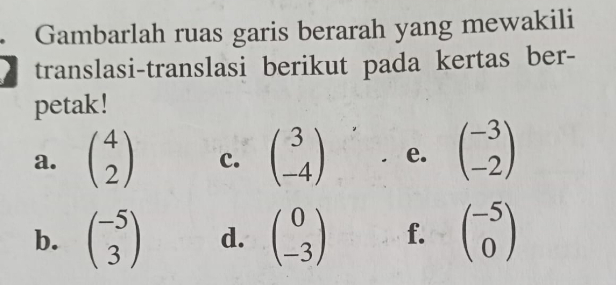 Gambarlah ruas garis berarah yang mewakili 
translasi-translasi berikut pada kertas ber- 
petak! 
a. beginpmatrix 4 2endpmatrix beginpmatrix 3 -4endpmatrix e. beginpmatrix -3 -2endpmatrix
c. 
b. beginpmatrix -5 3endpmatrix beginpmatrix 0 -3endpmatrix
d. 
f. beginpmatrix -5 0endpmatrix