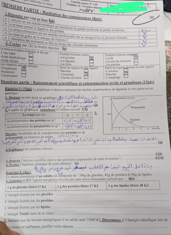 Contrôle continu N°1(B)
l Cheikh Maa Al Ainine roisième AC / Première semet = 
PRÉMIÈRE PARTIE : Restitut
l-R
Ldence d'amidon se fait par : Exemple d'aliment simple
L'eau iodée
·Acide chlorhydrique -Les glucides Exemple d'aliment compose:
-Le lait
-Acide nitrique -Les fruits -Les légumes -Les sels des chlorures
Les vitamines sont des aliments :
-Les protides
Energétiques -Pancréas  Parmi les organes du tubç digestif : -L'estomac  Parmi les organes annexes du tube digestif :
Protecteurs -l'æsophage
Constructeurs -Glandes salivaires -L'œsophage -Pancréas
Deuxième partie : Raisonnement scientifique et communication écrite et graphique (12pts)
Excrcice L: (7pts) Le graphique ci-dessous représente les résultats expérimentaux de digestion in vitro grâce au suc
gastrique :
I- Donnez un titre pour ce graphique..] 
A partir du graphique, remplissez le tableau suivan( :1.5p
Décrire l'évolution de la concentration des protides et de
polypeptide en fonction de temps.
_
1pt
4-Expliquer les résultats obtenus :
_
_
_2 pts
5- Dédeire l'enzyme contenu dans le suc gastrique responsable de cette évolution ? 0.5 Pt
6- Fcrire l'équation chimique de cette réaction. 1p
Exercice 2 :(5p) :
La ration alimentaire d'un adulte est composée de : 300g de glucides, 85g de protides et 96g de lipides.
I- Calculez en KJ l'apport énergétique fournie par cette ration alimentaire sachant que : 4pts
1 g de glucides libéré 17 KJ l g des protides libéré 17 KJ 1 g des lipides libéré 38 KJ
L'énergie fournie par les glucides :
_
L'énergie fournie par les protides :_
L'énergie fournie par les lipides :_
L'énergie Totale issue de la ration :_
2- Sachant que les besoins énergétiques d'un adulte sont 11000 KJ, Déterminez si l'énergie calorifique issu de
e ration est suffisante, justifier votre réponse._
_