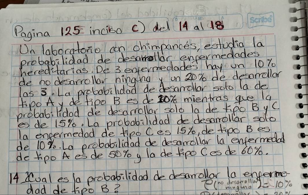 Pagina 125 inciso C) del 14 a1 18 
On laboratono an chimpances, estudia la 
probabilidad de desarrellor enpermedades 
hereditarias. De 3entermedades hay on 10%
de no desarrollar hinging y un 20% de desamallor 
las 3. La probabildad de desarrollar soto la de 
Fipo Ay de fipo B es de 80% mientras gue la 
probab: lidad de desarollar solo la de tpo B y C 
es de 15%, La probabilidad de desarollar solo 
la encermedad de tipo Ces 15%, de tipo B es 
de 10%. La probobilidad de desarrollar la enjermedad 
de tpo A es de 50% g lade fipo Ces de 60%. 
14 dual es a probabilidad de desarollar a enjerme 
dad de fipo B? 
P(no deng tallo 2=10%