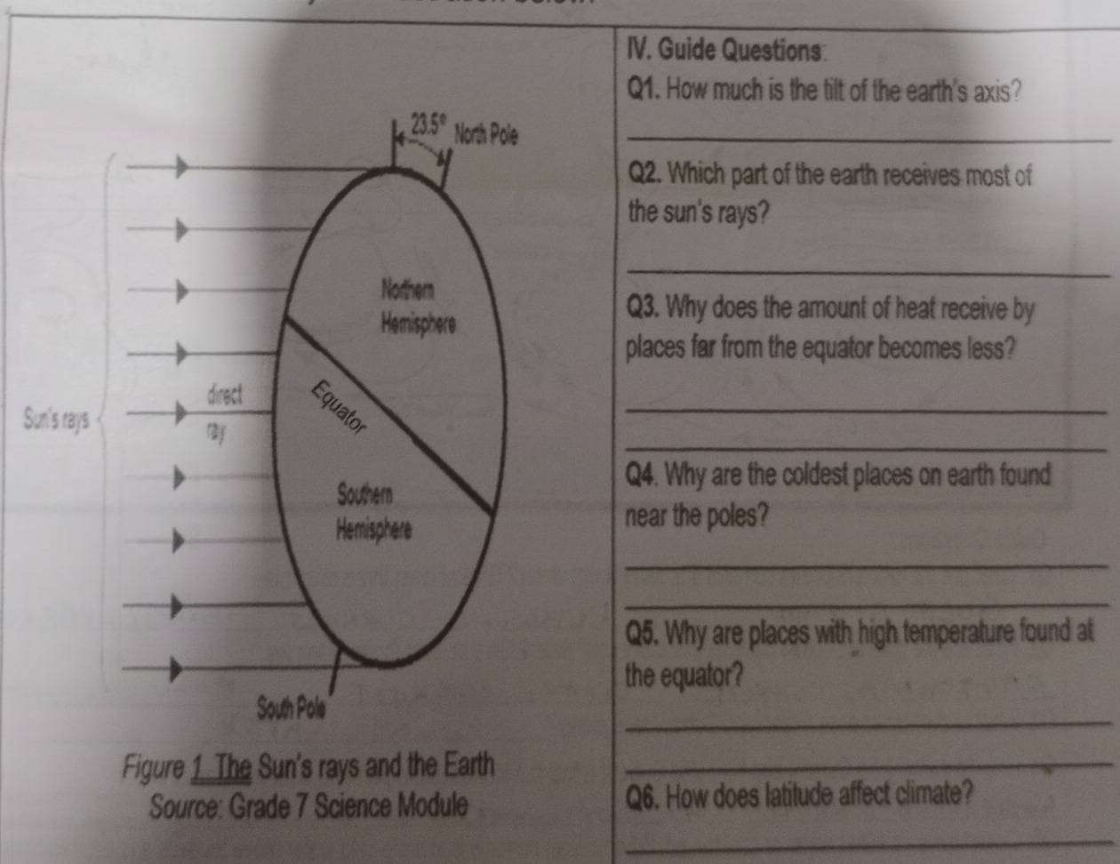 Guide Questions
Q1. How much is the tilt of the earth's axis?
_
Q2. Which part of the earth receives most of
the sun's rays?
_
Q3. Why does the amount of heat receive by
places far from the equator becomes less?
_
Su
_
Q4. Why are the coldest places on earth found
near the poles?
_
_
Q5. Why are places with high temperature found at
the equator?
_
Figure 1 The Sun's rays and the Earth_
Source: Grade 7 Science Module Q6. How does latitude affect climate?
_