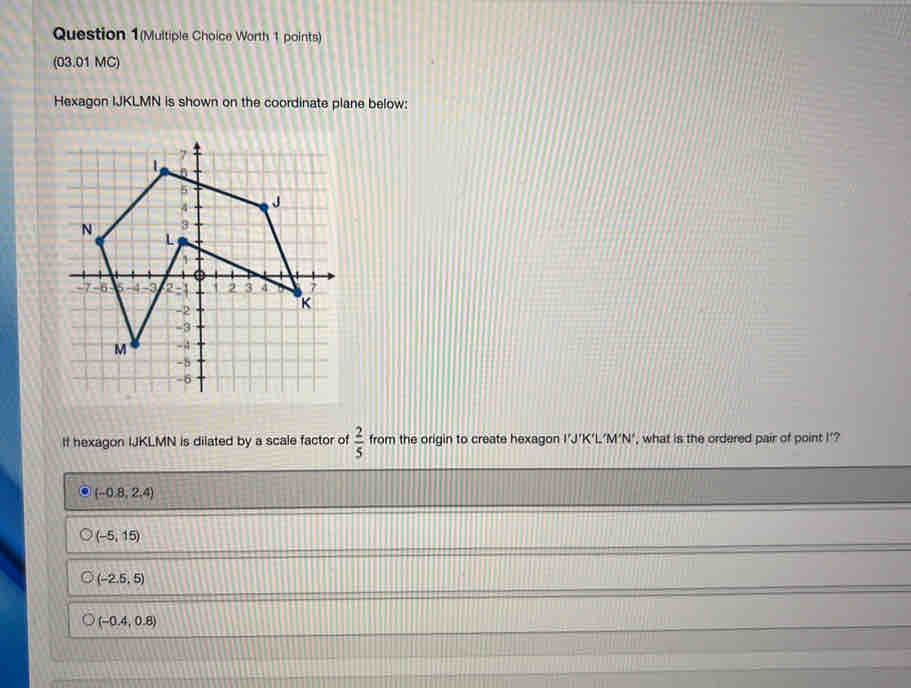 Question 1(Multiple Choice Worth 1 points)
(03.01 MC)
Hexagon IJKLMN is shown on the coordinate plane below:
If hexagon IJKLMN is dilated by a scale factor of  2/5  from the origin to create hexagon I'J'K'L’M'N", what is the ordered pair of point I '?
(-0.8,2.4)
(-5,15)
(-2.5,5)
(-0.4,0.8)