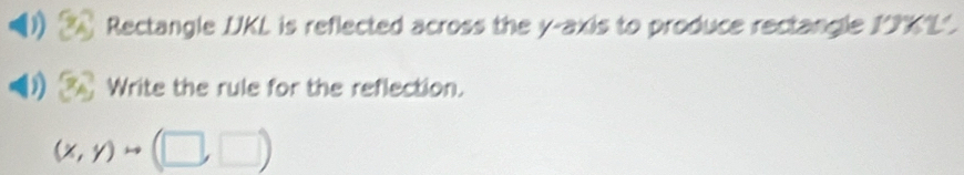 Rectangle UKL is reflected across the y-axis to produce rectangle 19K1". 
Write the rule for the reflection.
(x,y)to (□ ,□ )