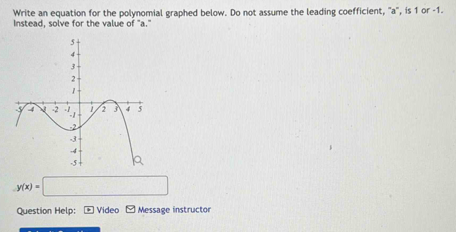 Write an equation for the polynomial graphed below. Do not assume the leading coefficient, ' a ', is 1 or -1. 
Instead, solve for the value of "a."
y(x)=□
Question Help: Video Message instructor