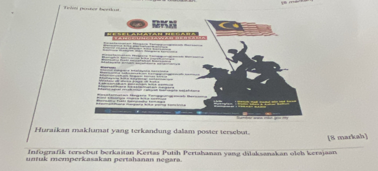 Teliti poster berikut. 
Huraikan maklumat yang terkandung dalam poster tersebut. 
[8 markah] 
Infografik tersebut berkaitan Kertas Putih Pertahanan yang dilaksanakan oleh kerajaan 
untuk memperkasakan pertahanan negara.