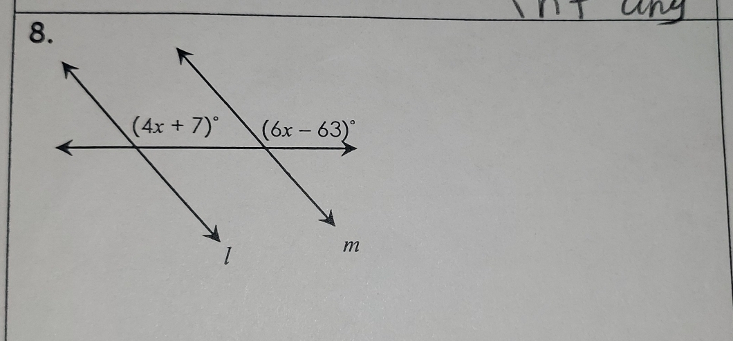 (4x+7)^circ  (6x-63)^circ 
l
m