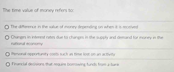 Solved: The time value of money refers to: The difference in the value ...