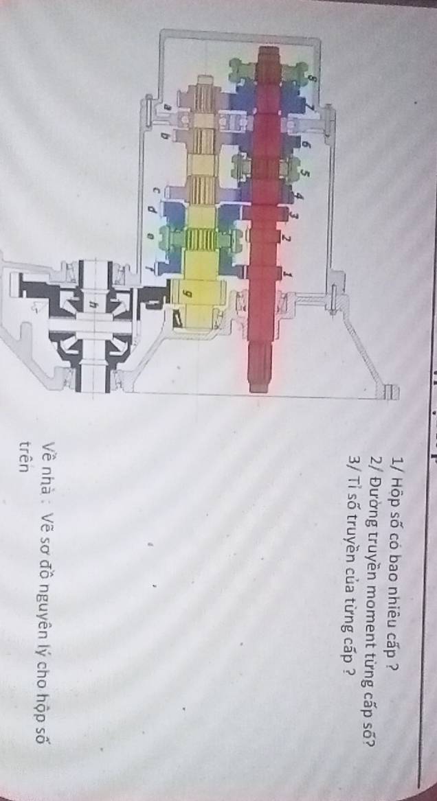 1/ Hộp số có bao nhiêu cấp ? 
2/ Đường truyền moment từng cấp số? 
3/ Tỉ số truyền của từng cấp ? 
Về nhà : Vẽ sơ đồ nguyên lý cho hộp số 
trên
