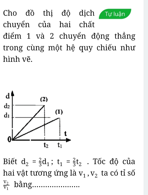 Cho đồ thị độ dịch Tự luận
chuyển của hai chất
điểm 1 và 2 chuyển động thẳng
trong cùng một hệ quy chiếu như
hình vẽ.
Biết d_2= 2/3 d_1;t_1= 2/3 t_2. Tốc độ của
hai vật tương ứng là V_1,V_2 ta có tỉ số
frac V_2V_1 bằng ......................