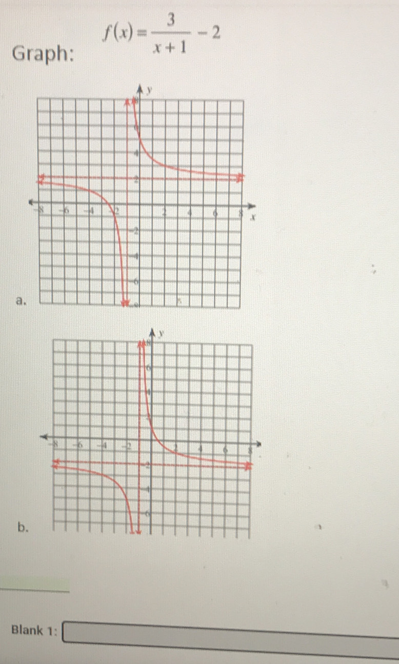 Graph:
f(x)= 3/x+1 -2
a 
b. 
Blank 1: _ 