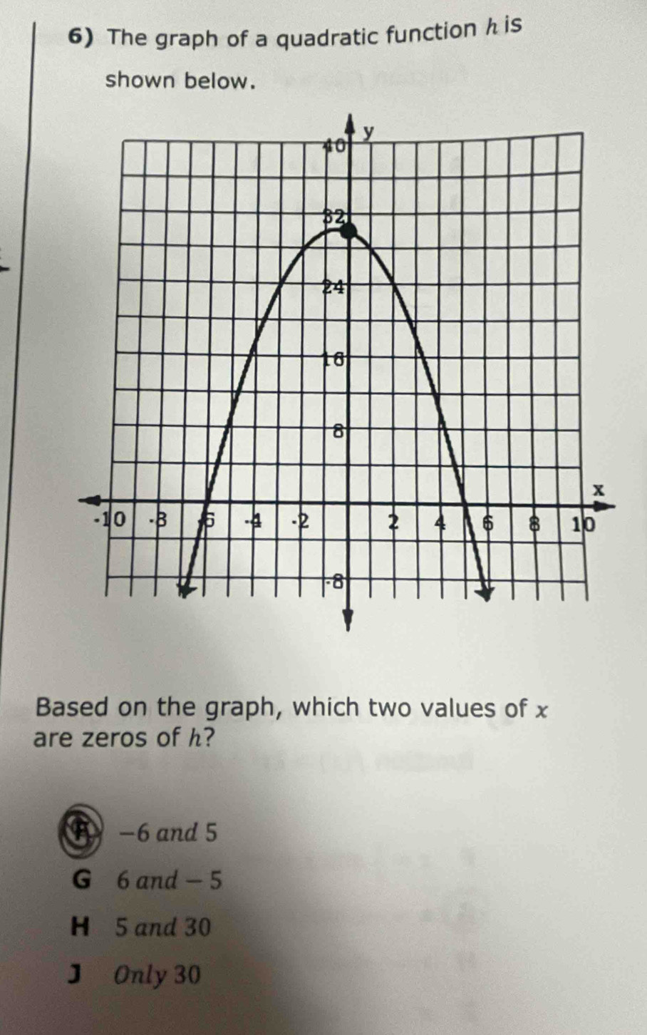 The graph of a quadratic function h is
shown below.
Based on the graph, which two values of x
are zeros of h?
−6 and 5
G 6 and - 5
H 5 and 30
J Only 30