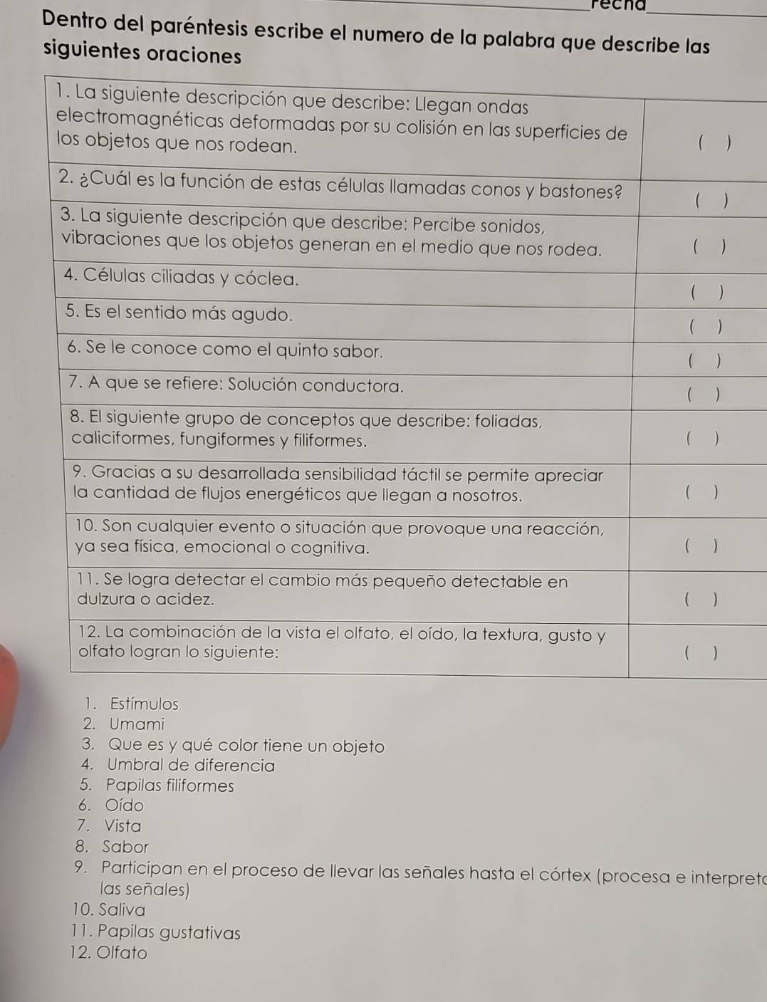 recna 
Dentro del paréntesis escribe el numero de la palabra que describe las 
siguientes oraciones 
Estímulos 
2. Umami 
3. Que es y qué color tiene un objeto 
4. Umbral de diferencia 
5. Papilas filiformes 
6. Oído 
7. Vista 
8. Sabor 
9. Participan en el proceso de llevar las señales hasta el córtex (procesa e interpreto 
las señales) 
10. Saliva 
11. Papilas gustativas 
12. Olfato