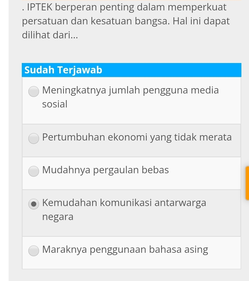 IPTEK berperan penting dalam memperkuat 
persatuan dan kesatuan bangsa. Hal ini dapat 
dilihat dari...