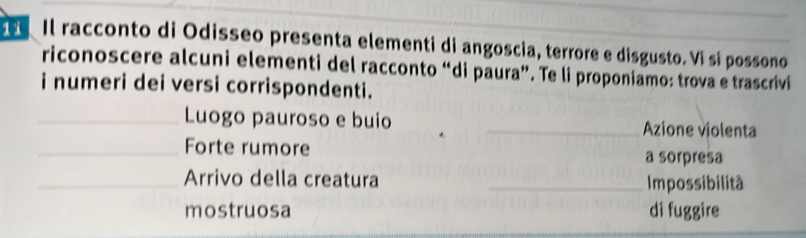 Il racconto di Odisseo presenta elementi di angoscia, terrore e disgusto. Vi sí possono 
riconoscere alcuni elementi del racconto “di paura”. Te li proponiamo: trova e trascrivi 
i numeri dei versi corrispondenti. 
_Luogo pauroso e buio _Azione violenta 
_Forte rumore a sorpresa 
_Arrivo della creatura _Impossibilità 
mostruosa di fuggire