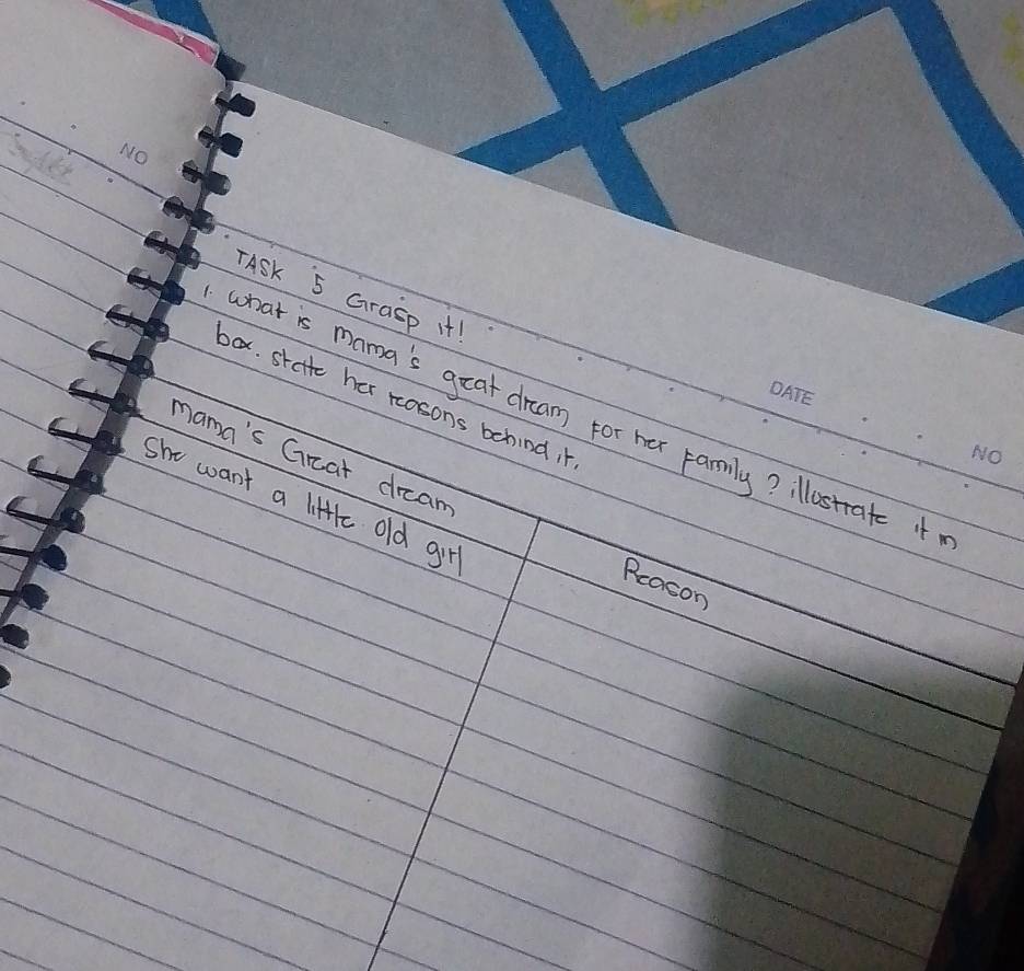 TASk 5 Grasp i+ 
box. skette her rosons behind i 
what is mama's geat dream for her pamily? lostrate i 
mama's Great dream 
she want a litlc old gir 
Rcason