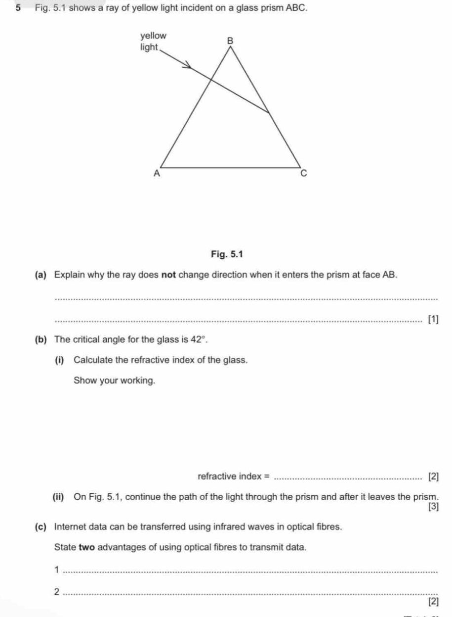 Solved: Fig. 5.1 shows a ray of yellow light incident on a glass prism ...