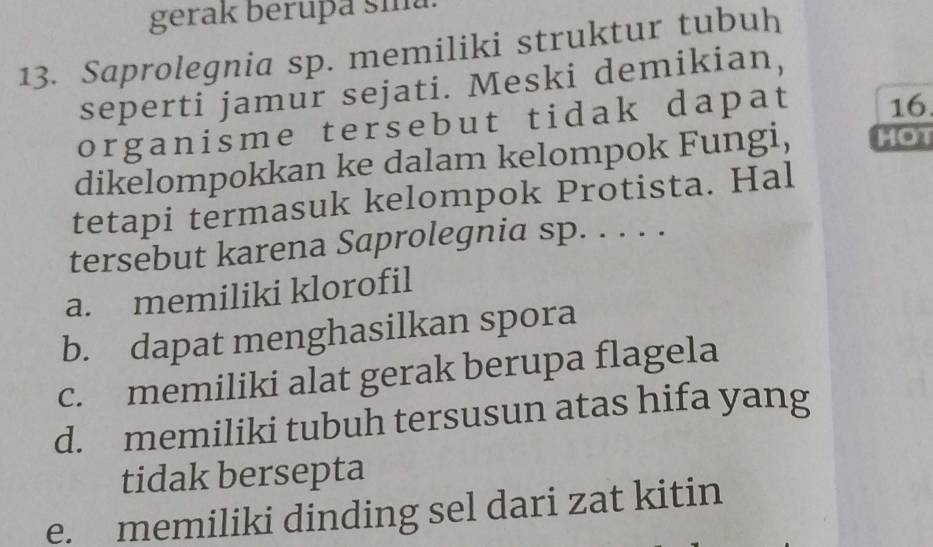 gerak berupa sia
13. Saprolegnia sp. memiliki struktur tubuh
seperti jamur sejati. Meski demikian,
organisme tersebut tidak dapat 16
dikelompokkan ke dalam kelompok Fungi, HOT
tetapi termasuk kelompok Protista. Hal
tersebut karena Saprolegnia sp. . . . .
a. memiliki klorofil
b. dapat menghasilkan spora
c. memiliki alat gerak berupa flagela
d. memiliki tubuh tersusun atas hifa yang
tidak bersepta
e. memiliki dinding sel dari zat kitin