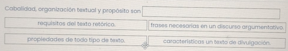 Cabalidad, organización textual y propósito son
requisitos del texto retórico. frases necesarias en un discurso argumentativo.
propiedades de todo tipo de texto. características un texto de divulgación.