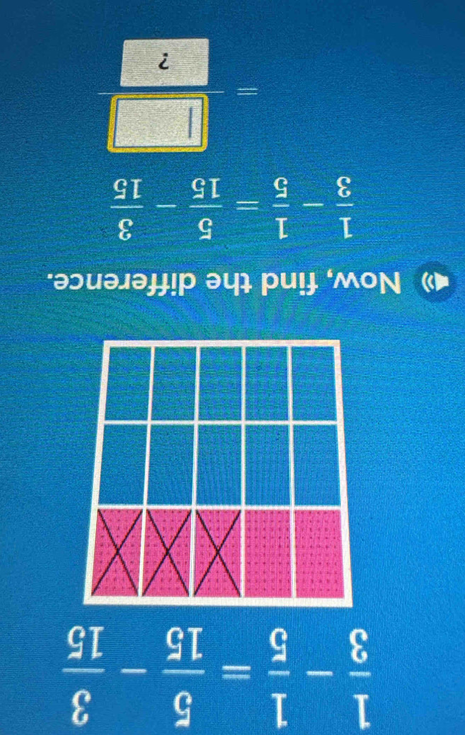  1/3 - 1/5 = 5/15 - 3/15 
Now, find the difference.
 1/3 - 1/5 = 5/15 - 3/15 
=- □ /? 