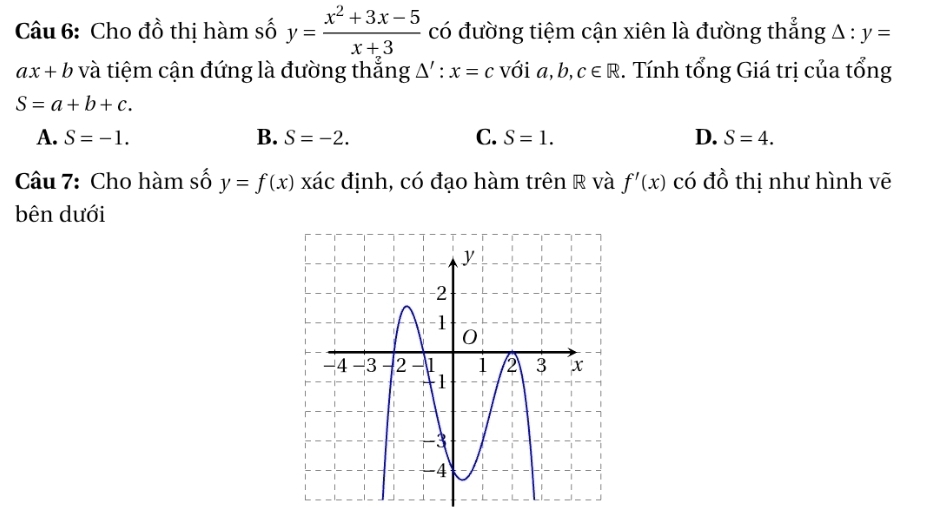 Cho đồ thị hàm số y= (x^2+3x-5)/x+3  có đường tiệm cận xiên là đường thẳng △ :y=
ax+b và tiệm cận đứng là đường thẳng △ ' : x=c với a, b, c∈ R. Tính tổng Giá trị của tổng
S=a+b+c.
A. S=-1. B. S=-2. C. S=1. D. S=4. 
Câu 7: Cho hàm số y=f(x) xác định, có đạo hàm trên R và f'(x) có đồ thị như hình vẽ
bên dưới