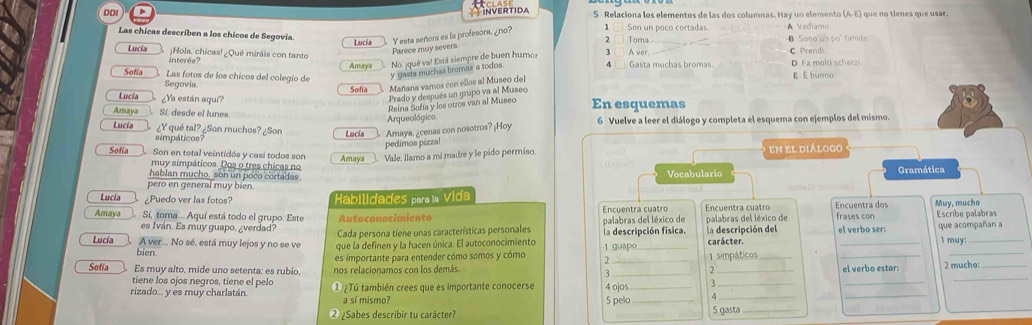 DDI INVERTIDA 5 Relaciona los elementos de las dos columnas. Hay un elemento (A-E) que no tienes que usar.
1
Las chicas describen a los chicos de Segovia. Lucía Y esta señora es la profesora, ¿no? 2 Toma 3 A ver Son un poco cortadas B Sono un po" timide A Vediamo
Parece muy severs
Lucía ¡Hola, chicas! ¿Qué miráis con tanto C Prendi
interés'' 4 Gasta muchas bromas D Fa molti scherzs
Sofía Las fotos de los chícos del colegio de Amaya No. jqué va! Está siempre de buen humor
y gasta muchas bromas a todos
Segovia Solia Mañana vamos con ellos al Museo del E É buono
Lucía ¿Ya están aquí?
Prado y después un grupo va al Musec
Reina Sofía y los otros van al Museo
Amaya Sí. desde el lunes En esquemas
Arqueológico
Lucía ¿Y qué tal? ¿Son muchos? ¿Son Lucía Amaya, ¿cenas con nosotros? ¡Hoy 6 Vuelve a leer el diálogo y completa el esquema con ejemplos del mismo.
simpáticos?
pedimos pizzal
Sofía Son en total veintidós y casi todos son Amaya Vale, llamo a mi madre y le pido permiso En el diálogo
muy simpáticos. Dos o tres chicas no
hablan mucho, son un poco cortadas. Vocabulario Gramática
pero en general muy bien
Lucía ¿Puedo ver las fotos? Habilidades para la Vida
Amaya Sí, tora ... Aquí está todo el grupo. Este Autoconocimiento palabras del léxico de Encuentra cuatro  Encuentra cuatro palabras del léxico de Encuentra dos frases con Muy, mucho Escribe palabras
es Iván. Es muy quapo, ¿verdad? Cada persona tiene unas características personales
Lucía A ver ... No sé, está muy lejos y no se ve que la definen y la hacen única. El autoconocimiento 1 guapo la descripción física. la descripción del carácter. el verbo ser: que acompañan a I muy:
bien 2 _ simpáticos_
es importante para entender cómo somos y cómo
_
_
Sofia Es muy alto, mide uno setenta: es rubio, nos relacionamos con los demás. __2 mucho:
3 el verbo estar:
_
tiene los ojos negros, tiene el pelo
rizado... y es muy charlatán. ①  ¿Tú también crees que es importante conocerse 4 ojos 3__
_
_
a sí mismo? 5 pelo _4
2 ¿Sabes describir tu carácter? 5 gasta_