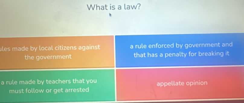 What is a law?
ules made by local citizens against a rule enforced by government and
the government that has a penalty for breaking it
a rule made by teachers that you
appellate opinion
must follow or get arrested