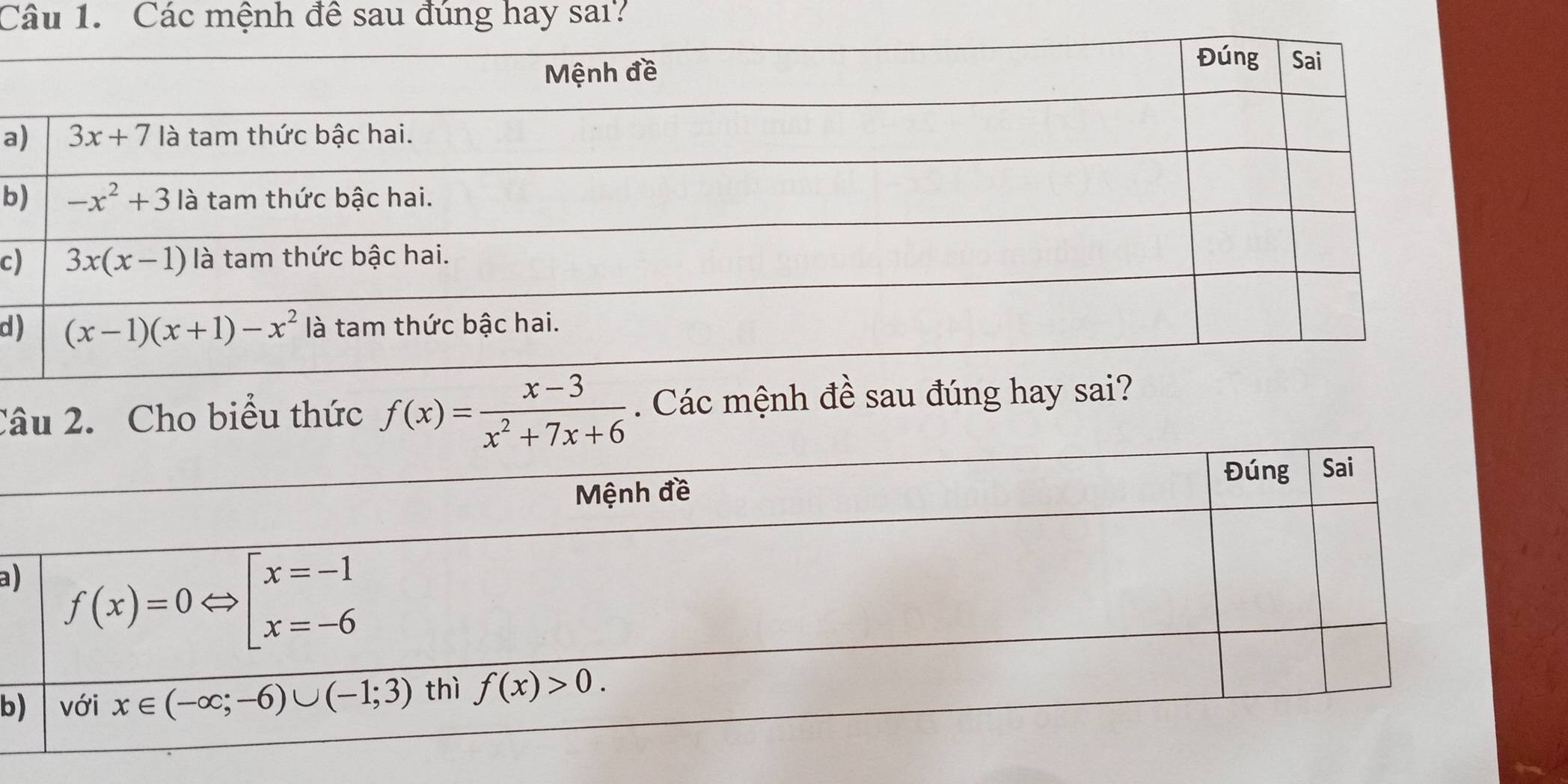 Các mệnh đề sau đúng hay sai?
a
b
c)
d
Câu 2. Cho biểu thức f(x)= (x-3)/x^2+7x+6 . Các mệnh đề sau đúng hay sai?
a)
b