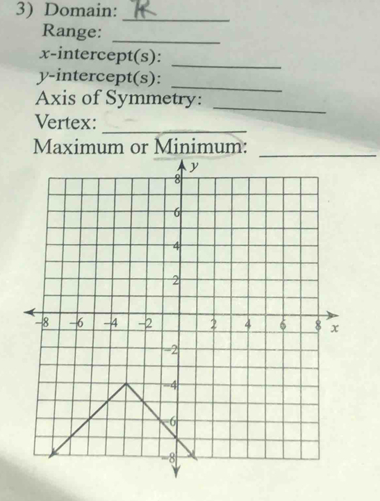 Domain: 
_ 
Range:_ 
x-intercept(s): 
_ 
y-intercept(s):_ 
Axis of Symmetry:_ 
Vertex:_ 
Maximum or Minimum:_