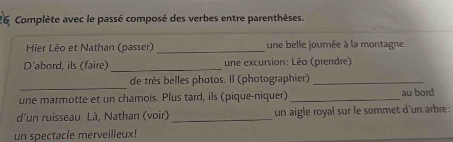 Complète avec le passé composé des verbes entre parenthèses. 
Hier Léo et Nathan (passer)_ une belle journée à la montagne. 
D’abord, ils (faire) _une excursion: Léo (prendre) 
_ 
de très belles photos. Il (photographier)_ 
une marmotte et un chamois. Plus tard, ils (pique-niquer) _au bord 
d'un ruisseau. Là, Nathan (voir) _un aigle royal sur le sommet d'un arbre: 
un spectacle merveilleux!