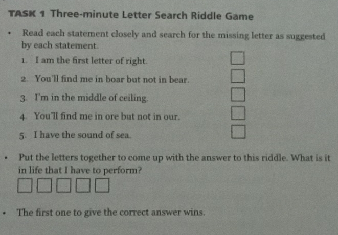Solved: TASK 1 Three-minute Letter Search Riddle Game Read each ...