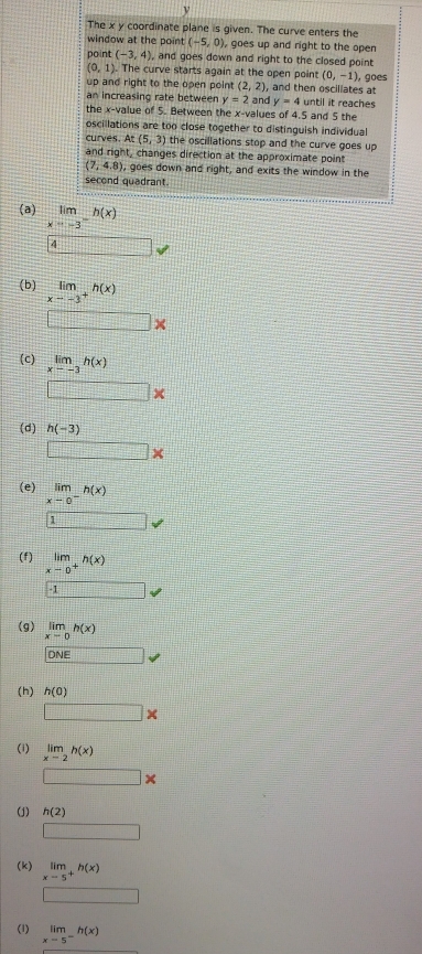 y
The x y coordinate plane is given. The curve enters the 
window at the point (-5,0) goes up and right to the open 
point (-3,4) , and goes down and right to the closed point
(0,1). The curve starts again at the open point (0,-1) , goes 
up and right to the open point (2,2) , and then osciliates at 
an increasing rate between y=2andy=4 until it reaches 
the x -value of 5. Between the x -values of 4.5 and 5 the 
oscillations are too close together to distinguish individual 
curves. At (5,3) the oscillations stop and the curve goes up 
and right, changes direction at the approximate point
(7,4.8) , goes down and right, and exits the window in the 
second quadrant. 
(a) limlimits _xto -3^-h(x)
4 □ 
(b) limlimits _x--3^+h(x)
□ *
(c) limlimits _x--3h(x)
□ *
(d) h(-3)
□ *
(e) limlimits _xto 0^-h(x)
1 □ surd
(f) limlimits _xto 0^+h(x)
□ v
(g) limlimits _xto 0h(x) (-3,4)
DNE □ ∠ 
(h) h(0)
□ *
(i) limlimits _xto 2h(x) 3x-39
□ *
(j) h(2)
□ 
(k) limlimits _xto 5^+h(x)
□ 
(1) limlimits _xto 5^-h(x)