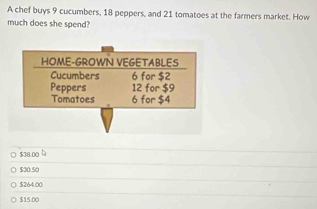 A chef buys 9 cucumbers, 18 peppers, and 21 tomatoes at the farmers market. How
much does she spend?
$38.00
$30.50
$264.00
$15.00