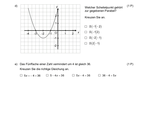 Welcher Scheitelpunkt gehört (1 P)
zur gegebenen Parabel?
Kreuzen Sie an.
S(-1|-2)
S(-1|2)
S(-2|-1)
S(2|-1)
e) Das Fünffache einer Zahl vermindert um 4 ist gleich 36. (1P)
Kreuzen Sie die richtige Gleichung an.
5x=-4+36 5-4x=36 5x-4=36 36-4=5x