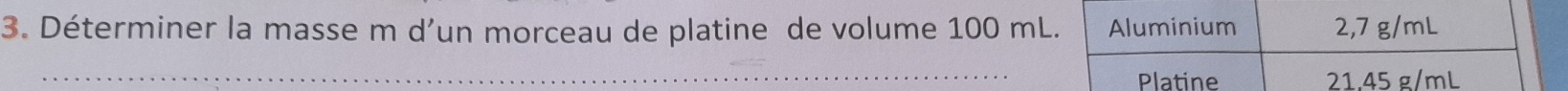 Déterminer la masse m d’un morceau de platine de volume 100 mL. Aluminium 2,7 g/mL
Platine 21,45 g/mL