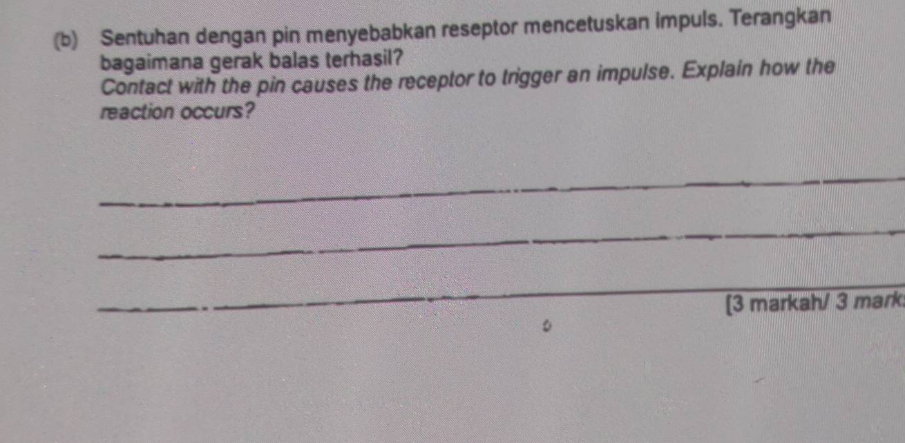 Sentuhan dengan pin menyebabkan reseptor mencetuskan impuls. Terangkan 
bagaimana gerak balas terhasil? 
Contact with the pin causes the receptor to trigger an impulse. Explain how the 
reaction occurs? 
_ 
_ 
_ 
[3 markah/ 3 mark