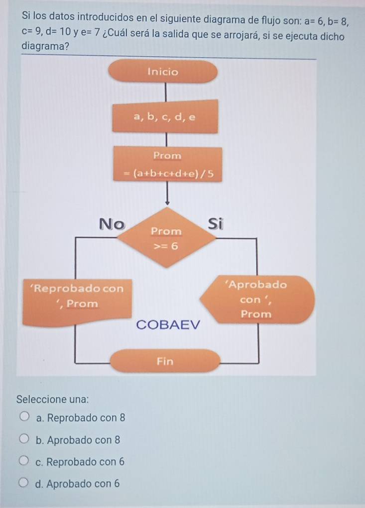 Si los datos introducidos en el siguiente diagrama de flujo son: a=6,b=8,
c=9,d=10 y e=7 ¿Cuál será la salida que se arrojará, si se ejecuta dicho
diagrama?
Seleccione una:
a. Reprobado con 8
b. Aprobado con 8
c. Reprobado con 6
d. Aprobado con 6