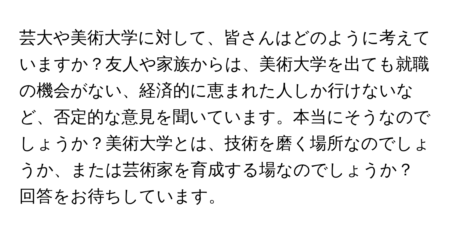 芸大や美術大学に対して、皆さんはどのように考えていますか？友人や家族からは、美術大学を出ても就職の機会がない、経済的に恵まれた人しか行けないなど、否定的な意見を聞いています。本当にそうなのでしょうか？美術大学とは、技術を磨く場所なのでしょうか、または芸術家を育成する場なのでしょうか？回答をお待ちしています。