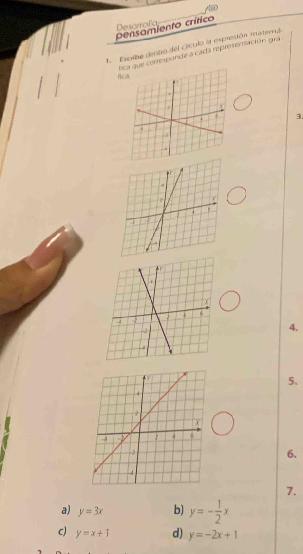 Desarrolla
pensamiento crítico
Escribe dentro del círculo la expresión matemá
tica que corresponde a cada representación grá
fica.
3.
4.
5.
6.
7.
a) y=3x b) y=- 1/2 x
c) y=x+1 d) y=-2x+1