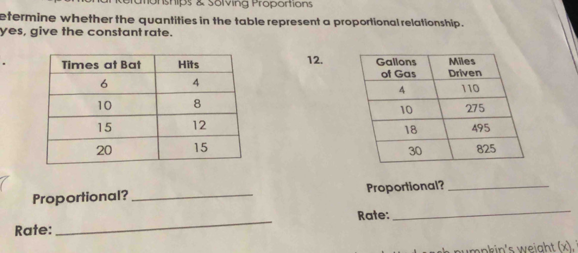 monships & Solving Proportions 
etermine whether the quantities in the table represent a proportional relationship . 
yes, give the constant rate. 
12. 


_ 
Proportional?_ Proportional?_ 
Rate: 
Rate: 
_ 
i p in's weigh x)