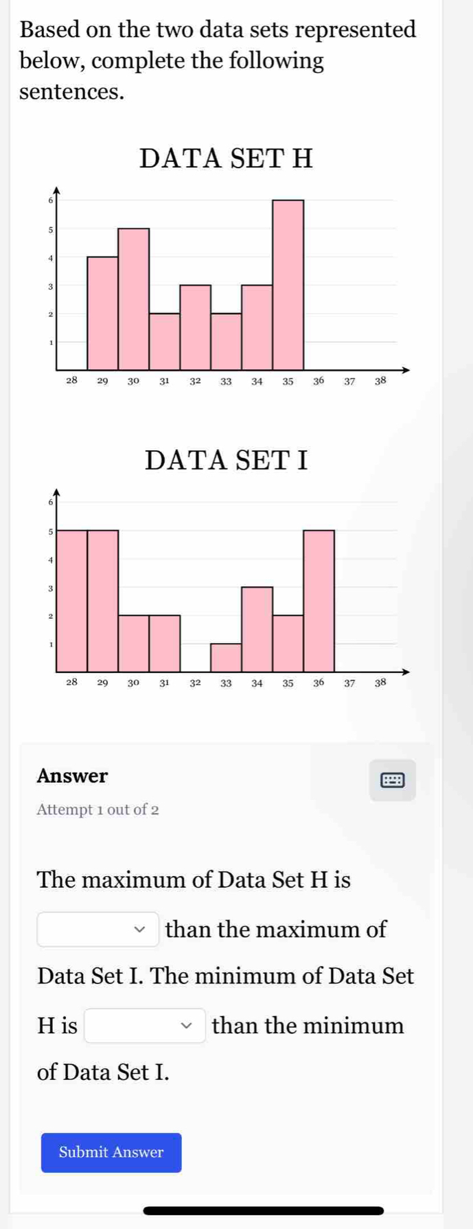 Based on the two data sets represented
below, complete the following
sentences.
Answer ::
Attempt 1 out of 2
The maximum of Data Set H is
□ than the maximum of
Data Set I. The minimum of Data Set
H is □ t than the minimum
of Data Set I.
Submit Answer