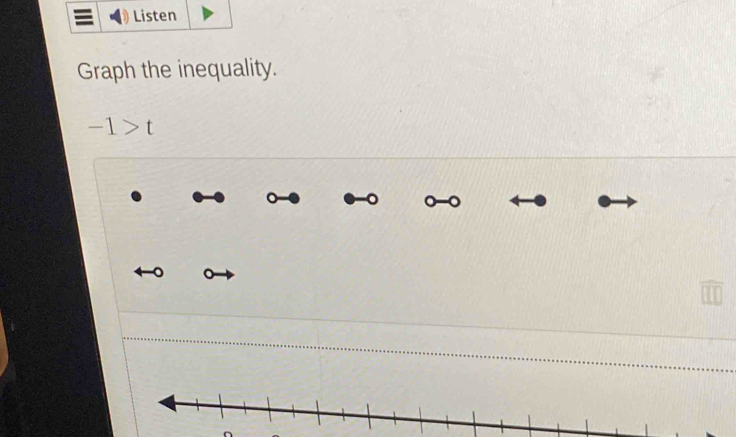 Listen 
Graph the inequality.
-1>t
0 -0
。