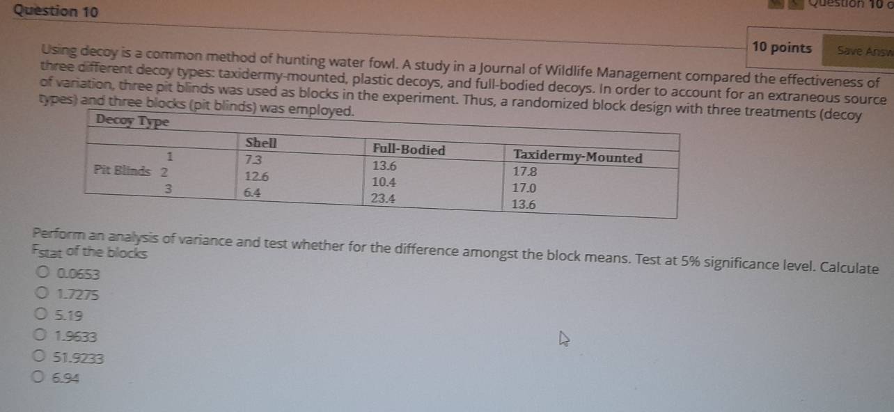 Save Answ
Using decoy is a common method of hunting water fowl. A study in a Journal of Wildlife Management compared the effectiveness of
three different decoy types: taxidermy-mounted, plastic decoys, and full-bodied decoys. In order to account for an extraneous source
of variation, three pit blinds was used as blocks in the experiment. Thus, a randomee treatments (decoy
types) and three blocks
Fstat of the blocks Perform an analysis of variance and test whether for the difference amongst the block means. Test at 5% significance level. Calculate
0.0653
1.7275
5.19
1.9633
51.9233
6.94