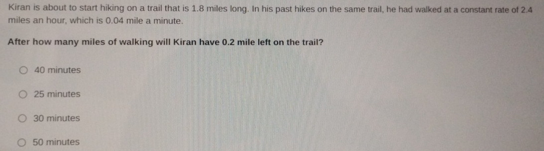 Kiran is about to start hiking on a trail that is 1.8 miles long. In his past hikes on the same trail, he had walked at a constant rate of 2.4
miles an hour, which is 0.04 mile a minute.
After how many miles of walking will Kiran have 0.2 mile left on the trail?
40 minutes
25 minutes
30 minutes
50 minutes