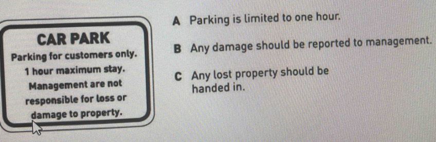 Resuelto:A Parking is limited to one hour. CAR PARK Parking for ...